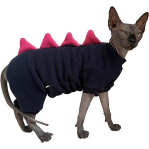 Four Leg Dinosaur Sphynx Cat Clothes Pjamas Hairless Cat Warm Polar Fleece Jumpsuit Elastic Pet Clothes for Sphynx Cat Surgery Recovery Suit Hairless Cat Shirt for Devon, Cornish (Black, Medium) (M (5.5-6.6 lbs))