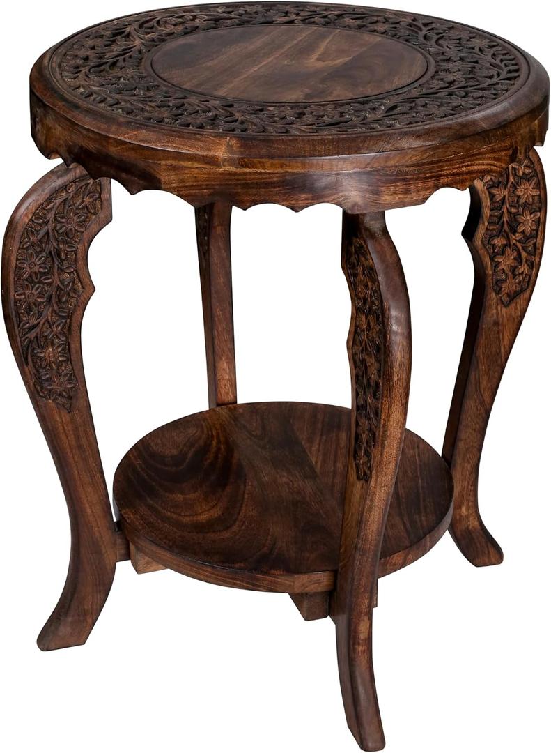 SideTable in Solid Wood With Hand Carving,End Table, 4Leg Table 18x22 Burnt