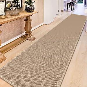12ft Natural Jute Hallway Runner Rug Non Slip Washable, Rubber Backed Long Khaki Indoor Entryway Runner, Absorbent Kitchen Carpet Sink Rug