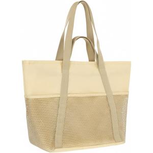 F-color Waterproof Beach Bags for Women - Machine Washable Travel Tote Bag with Zipper Cruise Swim Vacation Essentials (Medium, Beige (Light Yellow))