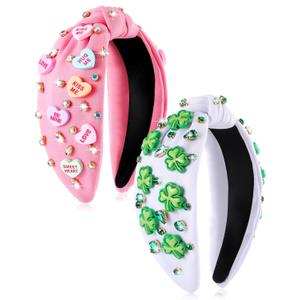Zeyune 2 Pcs Valentines Day Headbands for Women Valentine Beaded Heart Headband Jeweled Rhinestone Knot Hair Accessories Mardi Gras Outfit for Holiday Gifts(Pink and White)