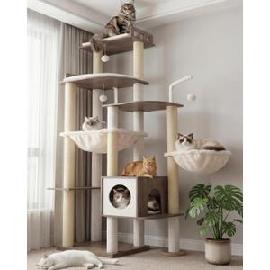 Heybly Cat Tree, 70.5 Inch Wood Tall Cat Tower for Large Indoor Cats with Extra Stable Structure, Modern Cat Furniture with All-Sisal Scratching Posts, Cat Condo & Hammocks, Greige HCT121SG