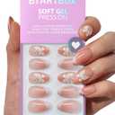 BTArtbox Press On Nails Short - 3D Butterfly French Tip Almond Press On Nails with Glue for Women, Opaque Soft Gel Glue On Nails in 16 Sizes - 32 Stick On Nails Kit, Last Dance