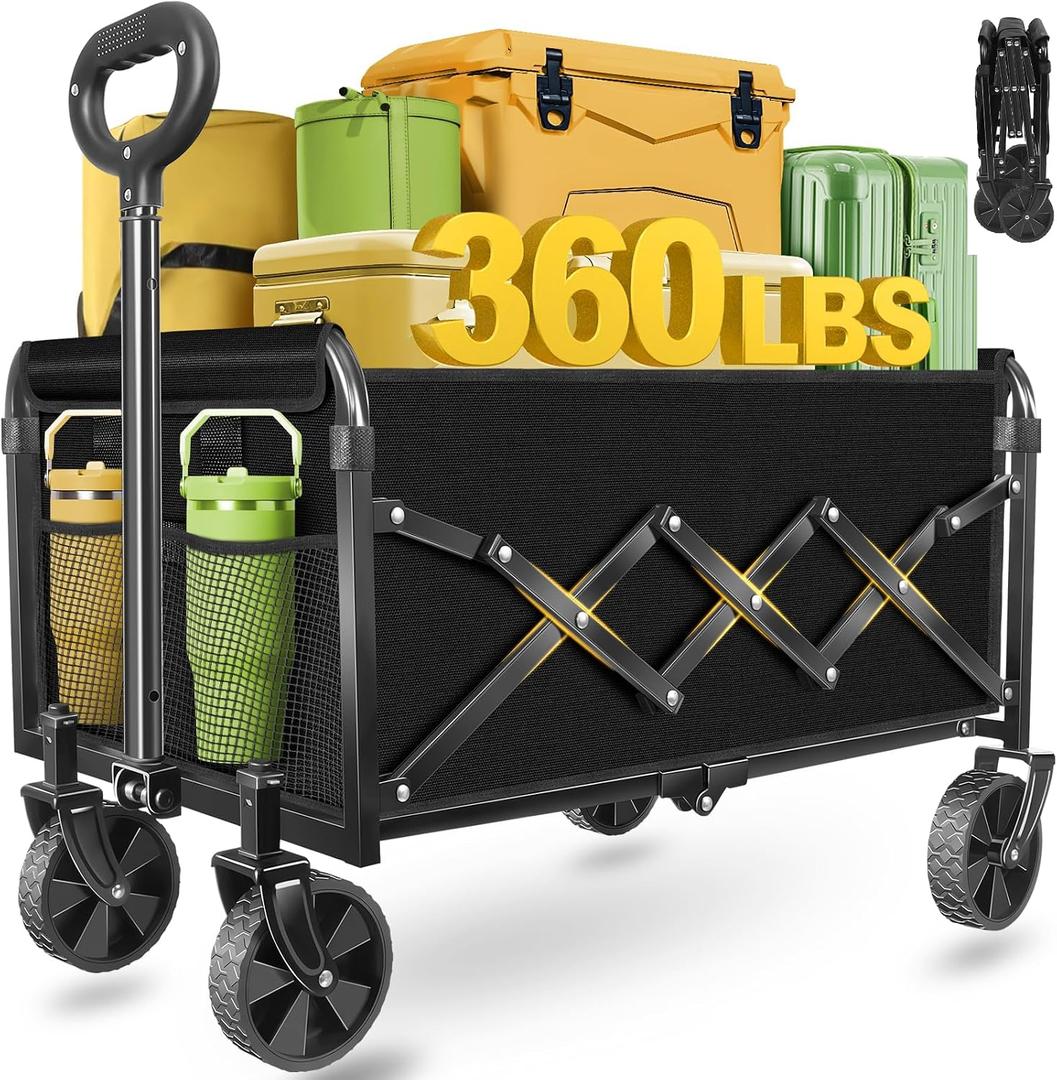 Wagons Carts Foldable - Collapsible Wagon 360Lbs, Folding Wagon Cart with Wheels, Foldable Wagons Portable for Groceries, Sports, Camping, Storage, Travel, Shopping -Jet Black