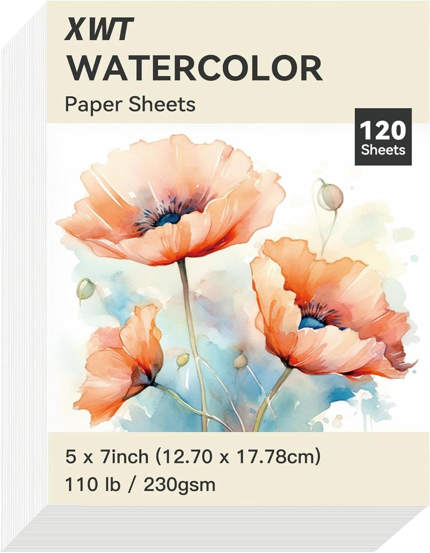XWT 120 Sheets Watercolor Paper Bulk, 5x7in 110lb/230gsm, Cold Pressed Acid Free Natural White Textured Water Color Painting Art Supplies, Drawing Gift for Professional Adult Artists