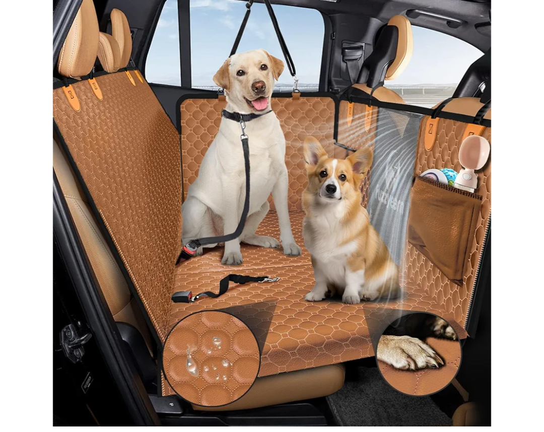 Back Seat Extender for Dogs,Leather Dog Car Seat Cover for Back Seat Hard Bottom Holds 400lbs,100% Waterproof Dog Car Hammock, Sturdy Pet Seat Protector for Car, SUV,Small Truck(Brown)