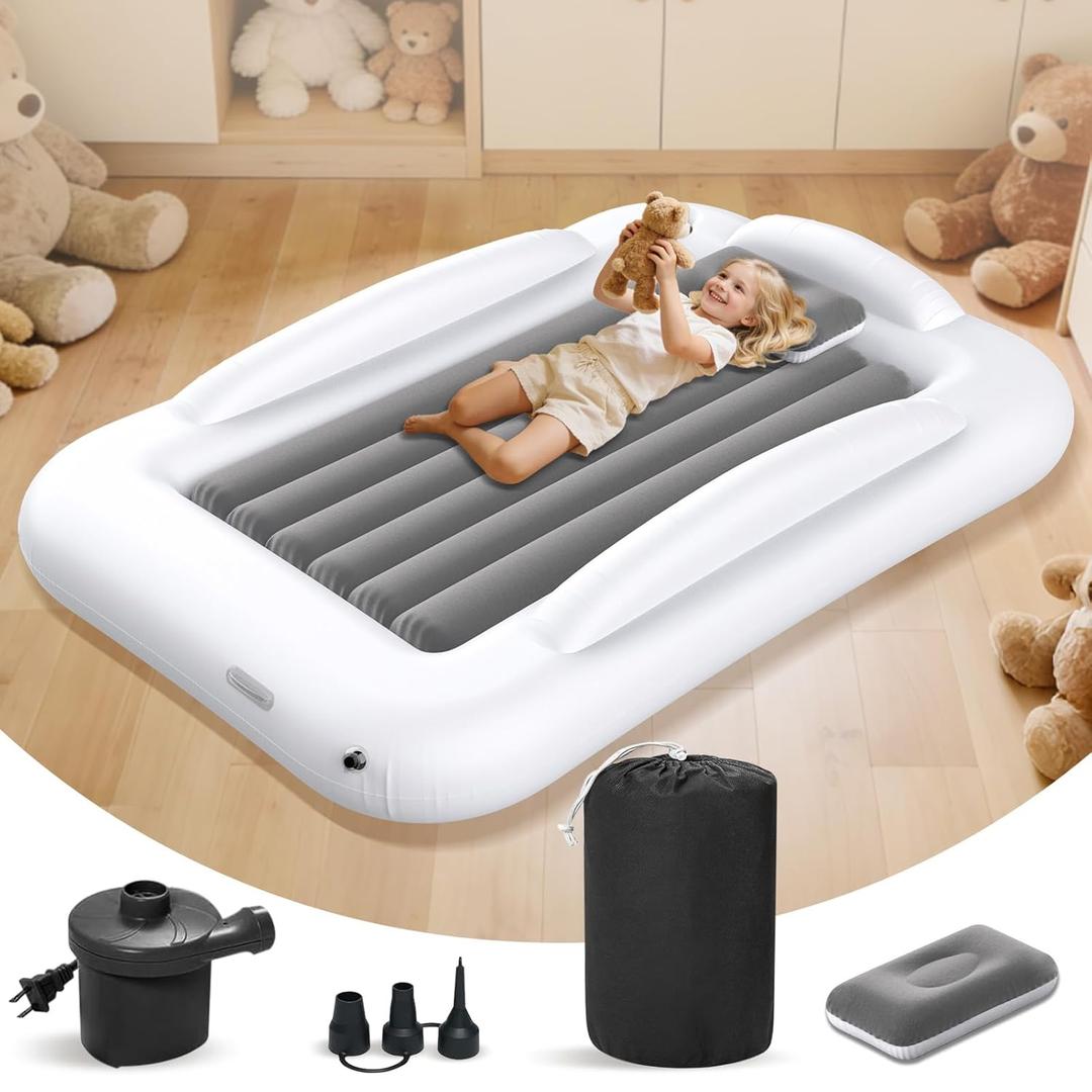 Inflatable Kids Travel Bed - Portable Comfortable Air Mattress with 3 Sides Safety Bumpers - Blow Up Bed for Camping & Travel (53 Inches)