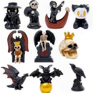 2 x 11Pcs Halloween Mini Figurines Set Miniature Skull Heads Dragon Ghost Crow Resin Decoration for Horror Village Collections Holiday Ornaments Micro Landscape Halloween Fairy Garden Decor