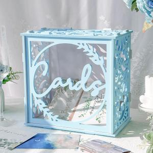 OurWarm Blue Wedding Card Box with Acrylic Window, PVC Gift Card Box for Wedding Decorations Reception, Envelope Money Gift Boxes for Party Baby Shower Anniversary Graduation Birthday Bridal Decor