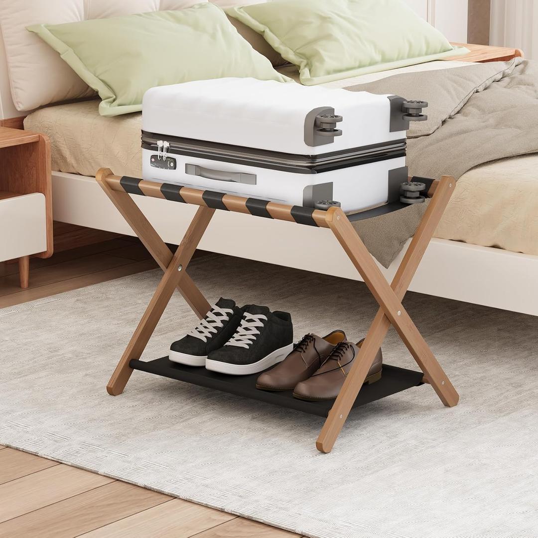 Smuxee Walnut Bamboo Luggage Rack for Guest Room, Foldable Suitcase Stand with Storage Shelf, Easily Assembled Luggage Stand with 5 Nylon Straps for Guest Room Bedroom Hotel
