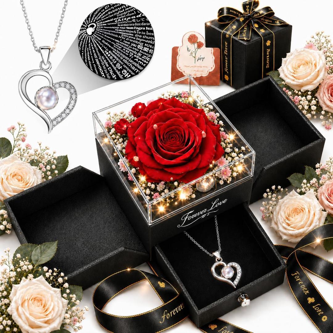 Forever Love Preserved Real Rose with Heart Necklace, Mothers Day Gifts for Mom, Wife, Anniversary Birthday Gifts for Women Projects I Love You in 100 Languages