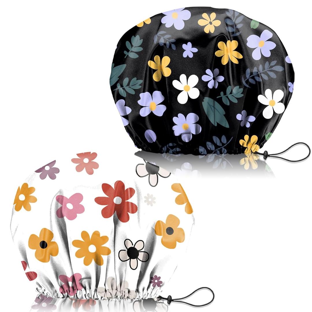 2 PCS Shower Cap Adjustable Reusable Double Waterproof Layer Elastic Hair Bath Cap Cute Aesthetic for Women Girls-Flowers 2