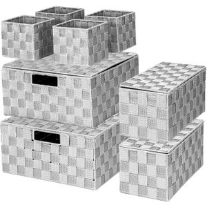 Woven Polypropylene Basket Set of 8, Woven Storage Basket, Woven Strap Baskets, Woven Basket Organizer for Bedroom, Bathroom, Office, Shelf, Dresser, Kitchen, Pantry, Gray