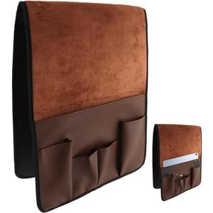 Anti-Slip PU Leather Velvet Sofa Couch Chair Armrest Soft Caddy Organizer Holder with 5 Pockets for Phone, Book, Magazines, TV Remote Control - Draped Over Sofa, Couch, Recliner Armrest (Brown)