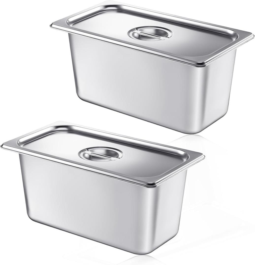 Mifoci 2 Pack Stainless Steam Hotel Pan with Lid, 1/3 Size x 6 Inch Deep Steam Table Pan Restaurant Supplies Reusable Anti Rust Water Tool for Home, Party, Restaurant, Hotel, Buffet