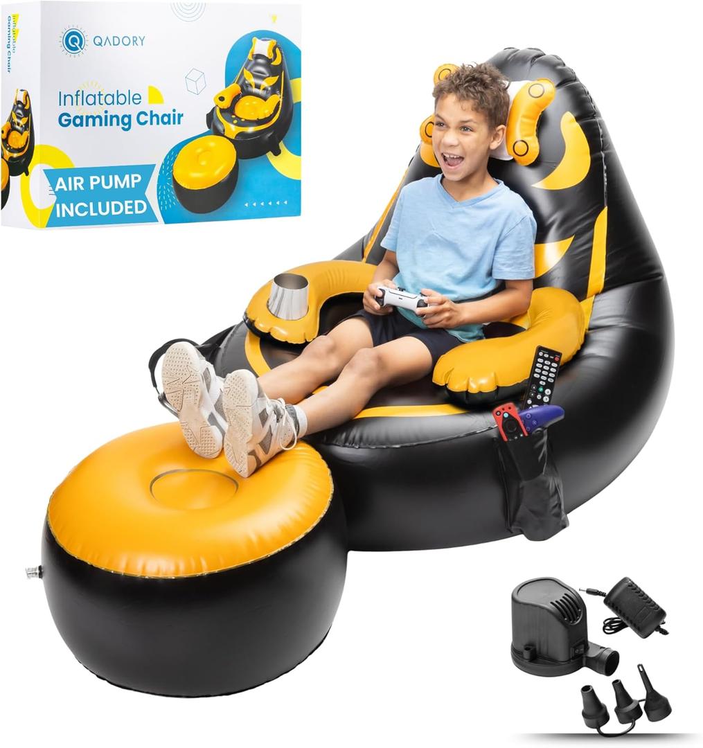 Inflatable Gaming Chair for Kids  Supports Up to 300 lbs, Includes Air Pump, Cup Holder, 2 Pockets  Durable Bean Bag Seat, Comfy Kids Gaming Chair & Top Gamer Chairs for Kid Room (Black, Orange)