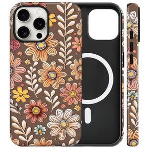flewfun Magnetic for iPhone 14 Pro Max Case Cute Brown Floral Flowers Phone Case, Shockproof Slim TPU and Hard PC Protective Phone Cover Compatible with MagSafe Designed for Women Girls
