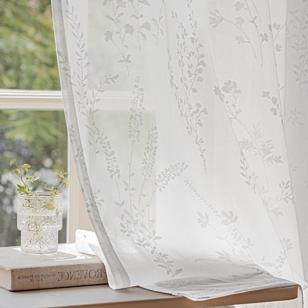 Anmao White Semi Sheer Light Filtering Curtains 63 Inches Long 2 Panels, Flower Pattern Drapes for Living Room Bedroom, Rod Pocket Sheer Window Treatments with Floral Design, 52x63 Inch Anmao White Semi Sheer Light Filtering Curtains 63 Inches Long 2 Panels, Flower Pattern Drapes for Living Room Bedroom, Rod Pocket Sheer Window Treatments with Floral Design, 52x63 Inch