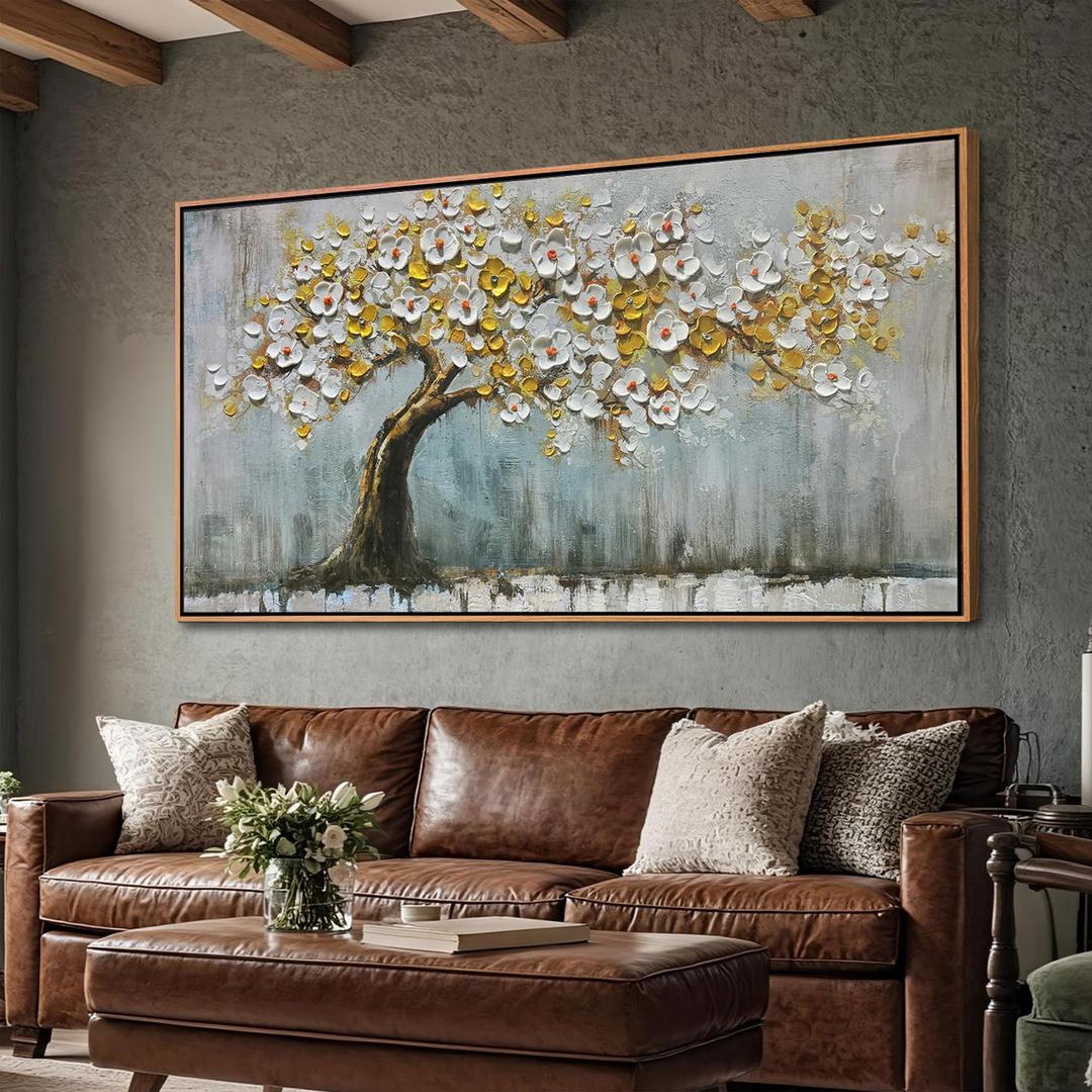 Textured Tree of Life Painting Large Framed Canvas Wall Art for Living Room 58"x29", Bedroom Wall Decor, Tree Picture, Handmade Artwork for Dining Room Office Home Decoration