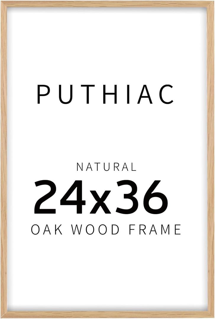 puthiac 24x36 Solid Oak Wood Picture Frame, 24 x 36 Poster Frames for Wall, Vertical or Horizontal, Plexi Front, 1 Pack, Natural Oak
