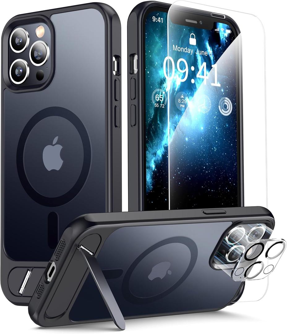 RFUNGUANGO for iPhone 12 Pro Max Magnetic Seamless Stand Case with Screen Protector*2 Lens Protector*2, Compatible with MagSafe, Military Grade Drop Protection, Adjustable Kickstand, Slim MatteBlack