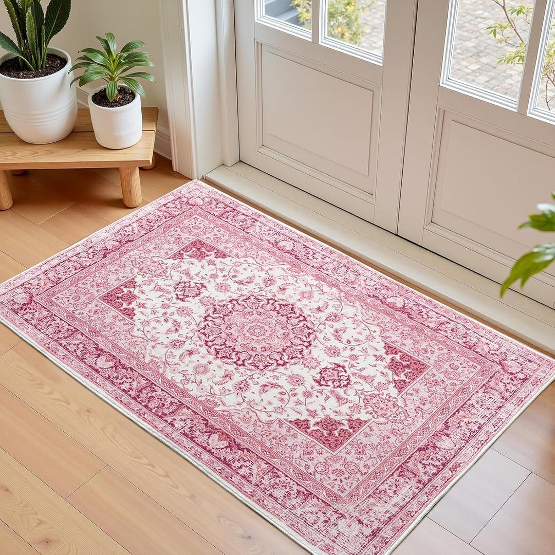 Macgace 2x3 Bright Pink Area Rug for Entryway, Small Washable Rugs with Non-Slip Backing for Girls Bedroom, Cute Vintage Throw Carpet Kitchen Laundry Front Door Decor