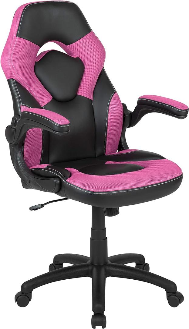 Flash Furniture X10 High-Back LeatherSoft Racing Style Gaming Chair with Flip-Up Arms, Ergonomic Padded Swivel Computer Chair, Pink/Black