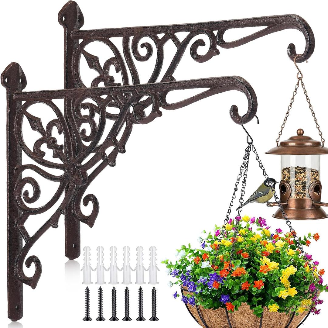 Otoolling 2 Pack Cast Iron Hanging Plant Bracket 12" Outdoor Wall Plant Hangers Hooks Heavy Duty Hanging Bracket Hooks Vintage Decorative Wall Hangers for Pots Bird Feeder Wind Chime (Brown, Classic)