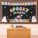 Halloween Ghost Bulletin Board Decorations Boho Halloween Classroom Decoration Groovy Spooky Season Paper Cutouts with Pumpkin Spider Bat for Holiday School Library Classroom Chalkboard Wall Decor