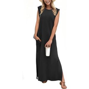GRECERELLE 2025 Women Year-Round Casual Round Neck Loose Split Wrinkle-Free Long Maxi Vacation Dress with Pockets, Size M
