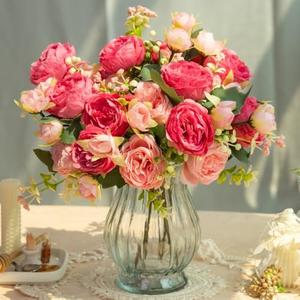 JARELING Artificial Peonies Silk Flowers in Glass Vase Faux Flowers Bouquets Modern Penoy Arrangement 4 Pack for Home Decoration Table Centerpiece (Rose Red)