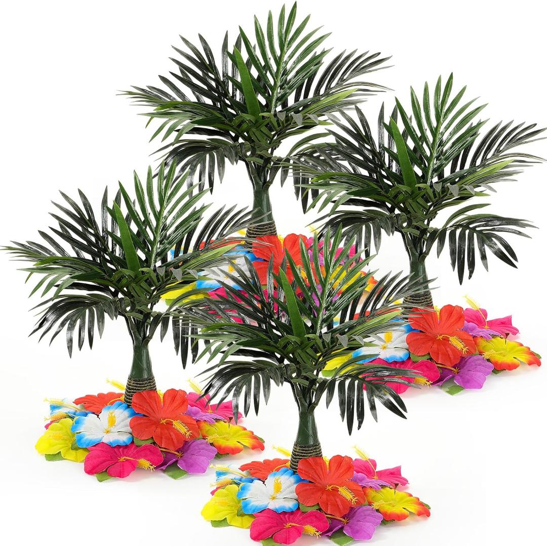 Hotop 104 Pcs Hawaiian Party Flower Centerpieces for Table Include 4 Artificial Palm Tree and 100 Hawaiian Hibiscus Tropical Faux Flowers Party Decorations Supplies Flowers for Hawaii Luau Theme Decor
