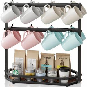 Coffee Mug Holder with Movable Hooks,16 Capacity Coffee Cup Holder for Countertop, Metal Mug Tree Holder Rack with Storage Base,Home Storage Mug Organizer adjustable Heights (Black)