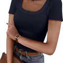 Women Short Sleeve Tops Ribbed Knit Slim Fit U Neck Top Basic Tee Shirts for Summer Casual Trendy Blouse (Large)