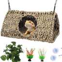 Reptile Hide Cave,Hollow Gecko Hide,Hanging Seagrass Fiber Bearded Dragon Hammock Swing Lizard Cage Climbing Toys with Suction Cups&Chains,Reptile Tank Decor with Simulation Plants-Triangle S (Triangle S:7.87*3.94*3.94", Brown)