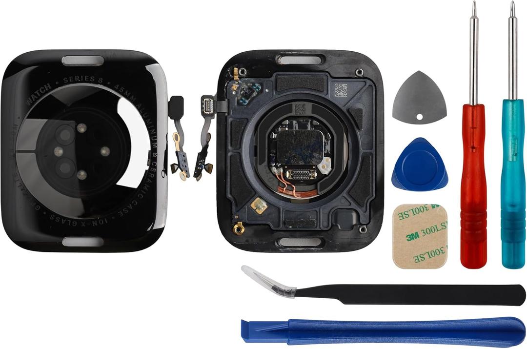 New Back Cover Glass Heart Rate Part Connector+NFC Compatible with A-pple Watch Series S8 45mm(Cellular/LTE+GPS) with Upgraded Repair Tools Kit