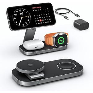 3-in-1 Charging Station for Apple Device, Qi2 25W Certified Magnetic Wireless Foldable Fast Charger Stand Compatible with MagSafe for iPhone 17e/17/16/15/14/13/12/Air Series, Apple Watch & AirPods