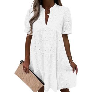 Imily Bela Womens Summer Lace Dresses Eyelet Casual Flowy Babydoll Swing Short Sleeve V Neck Tunic Dress, Size: Medium
