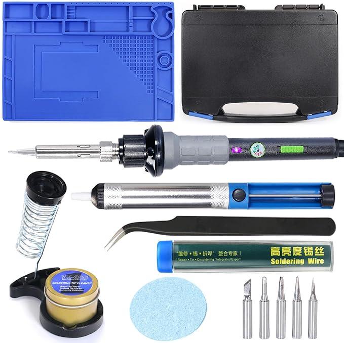 YIHUA 947-V Soldering Iron Kit with 3 LED Lights, Temperature Control, 5 Premium Solder Tips, Desoldering Pump, Indicator & ON/OFF Switch-60 Watts Soldering Iron, Solder Wire, Tip Cleaner, and more.