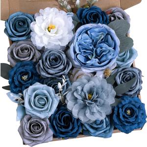 Dusty Blue Flowers Artificial Roses Combo Set Fake Royal Blue Silk Flowers Faux Peony Flowers Mix Dahlia with Stems for Wedding Bouquets Baby Bridal Shower Party Floral Arrangements Decor (The Modern Classic)