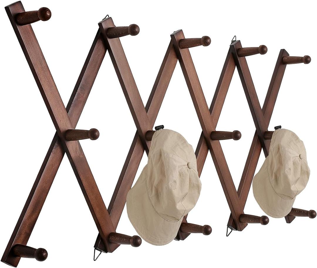 16 inch High Accordion Wall Hanger with 14 Hooks, Wooden Wall Expandable Coat Rack for Coat, Hats, Baseball Caps, Coffee Mug, Jewelry (Brown)