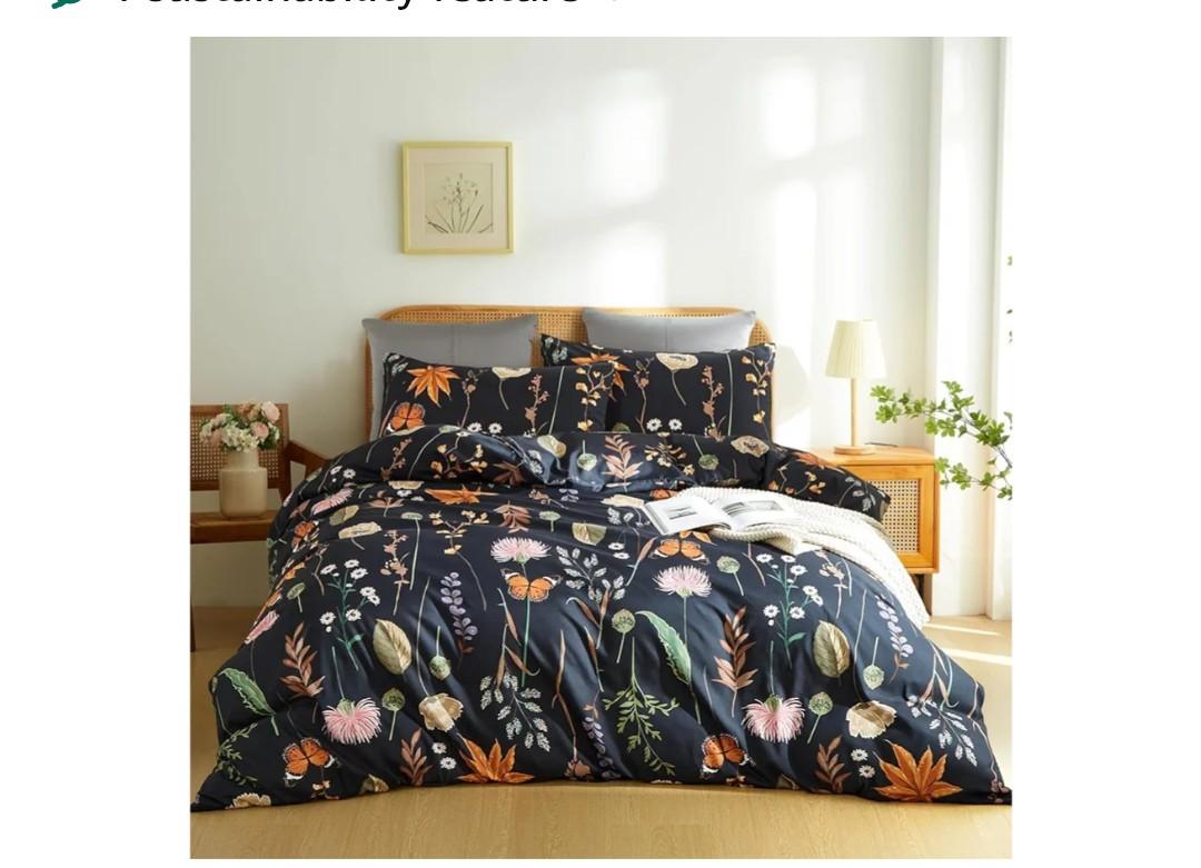 Floral Duvet Cover King Size Black Comforter Cover with Colorful Botanical Yellow Butterfly Printed 3 Pieces Soft Microfiber Bedding Set with Zipper Ties Home Deco