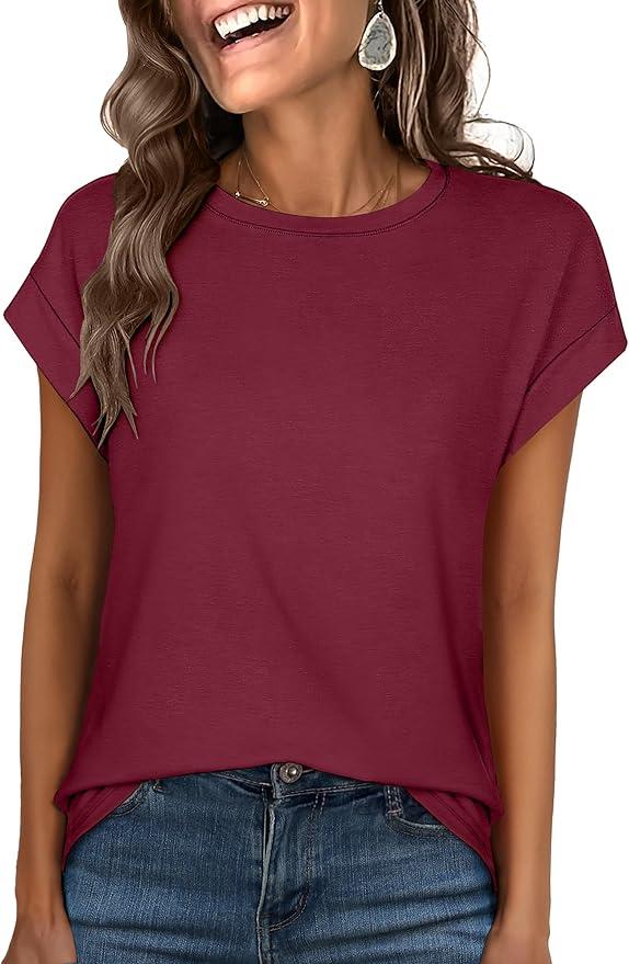 ANRABESS Womens Tops Summer Cap Sleeve Basic Tee Shirts 2025 Trendy Loose Fit Casual Dressy Business Work Tshirts Clothes (Medium, Red)