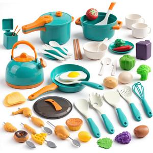 60Pcs Kids Mini Play Kitchen Accessories, Pretend Cooking Play Set with Cookware, Tableware & Fruit & BBQ Sets, Learning Gift for Boys, Girls, Toddlers,Green