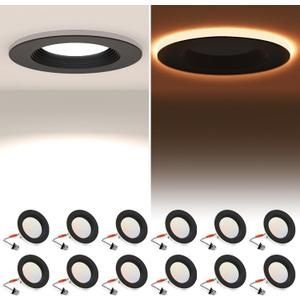 POWERASIA 12 Pack 4 Inch Black LED Can Lights with Night Light, 5CCT Retrofit Recessed Lighting Selectable 2700K-6000K Dimmable, 9W=55W, 630LM Downlight with Metal Smooth Trim - ETL and Energy Star