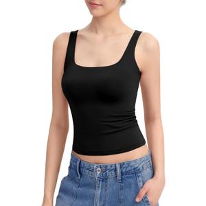 PUMIEY Women's Square Neck Tank Top Sleeveless Double Lined Basic Tops Sharp Collection (X-Large, Jet Black)