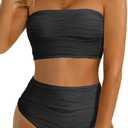 High Waisted Bandeau Bikini Set - Women Strapless Two Piece Swimsuits Ribbed Longline Full Coverage Bathing Suits Swimwear (X-Small, Black)
