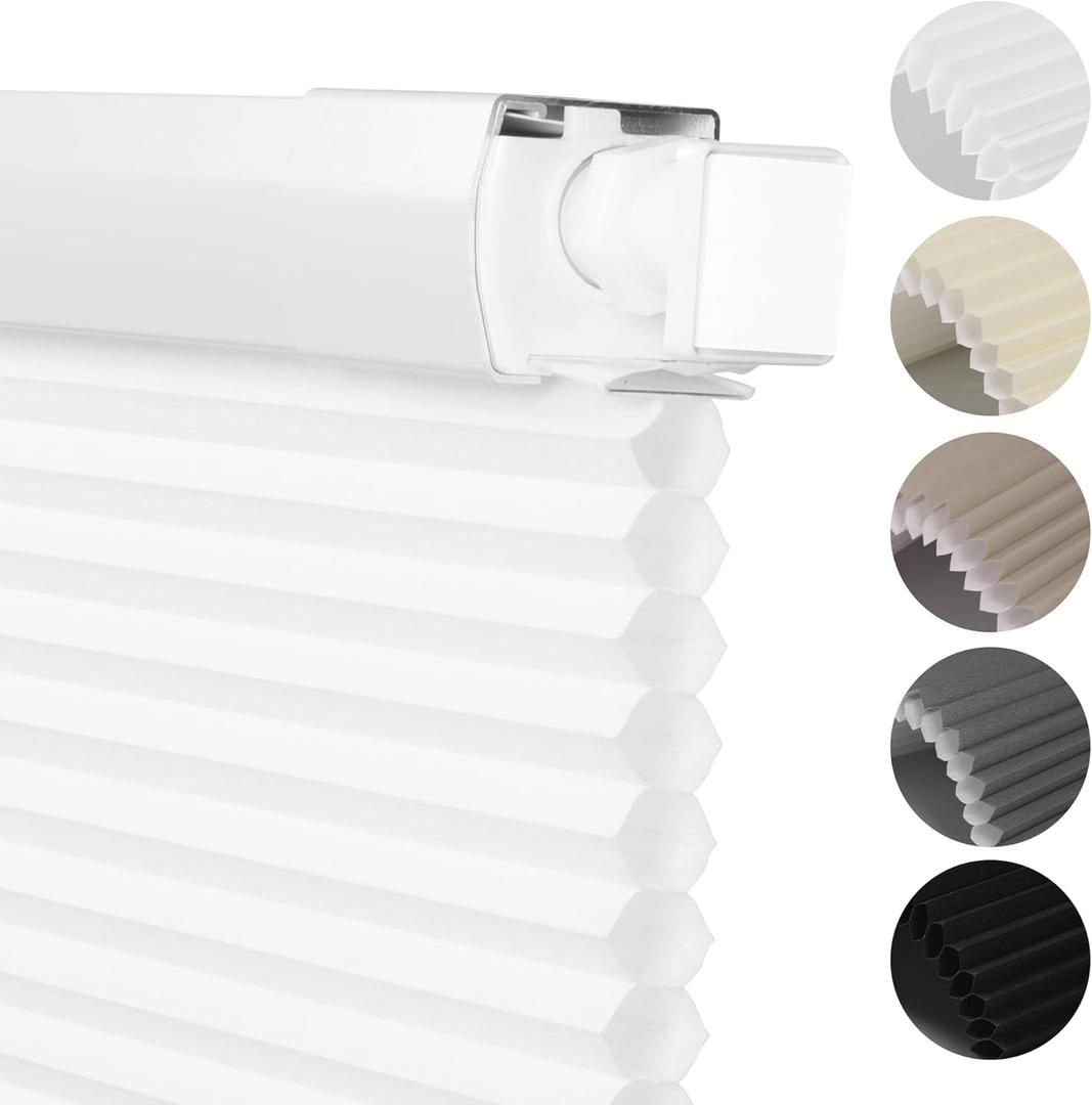 No Drill No Tools Light Filtering Cellular Shades for Windows White,35"W x 64"H,Easy to Install,Cordless Honeycomb Blinds Noise Reduction Thermal Insulated, White