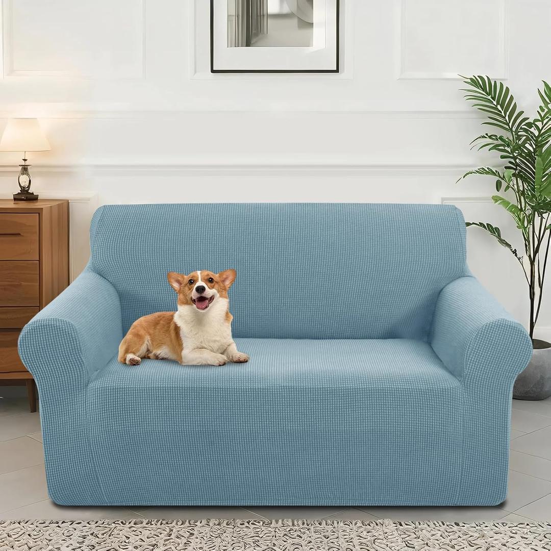 Stretch Couch Cover Washable Sofa Slipcover Furniture Protector with Non Skid Foam and Elastic Bottom for Kids, Dog(Loveseat/Steel Blue) (Medium)