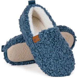 Women's Soft Curly Full Slippers - Memory Foam House Shoes Cozy Loafer with Polar Fleece Lining Indoor Lightweight House Slip-on (Blue, L)